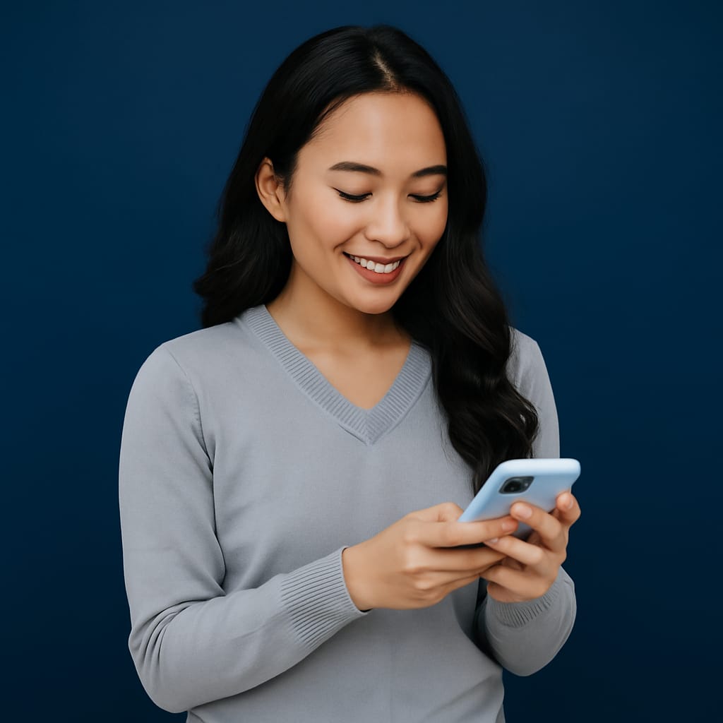 Pessoa sorrindo com celular